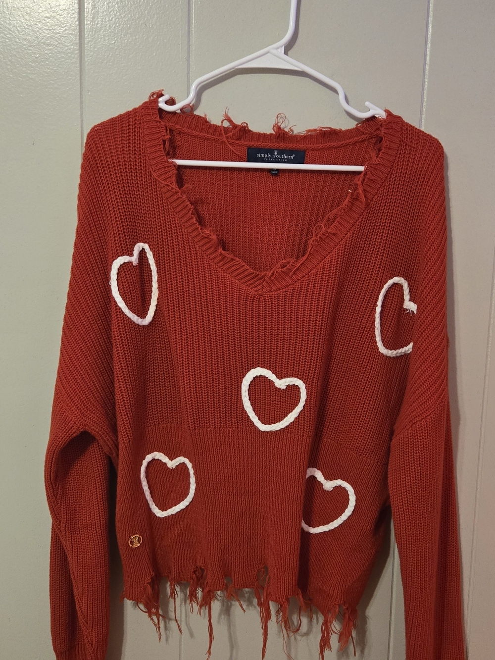 Simply Southern Red V-Neck Sweater with White Heart Appliqués